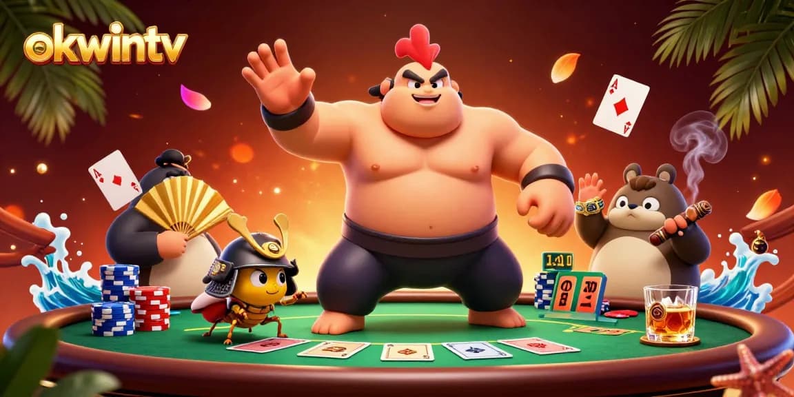 Experience exhilarating gameplay with okwintv as a sumo wrestler rooster stomps with poker chips and cards scattered around.