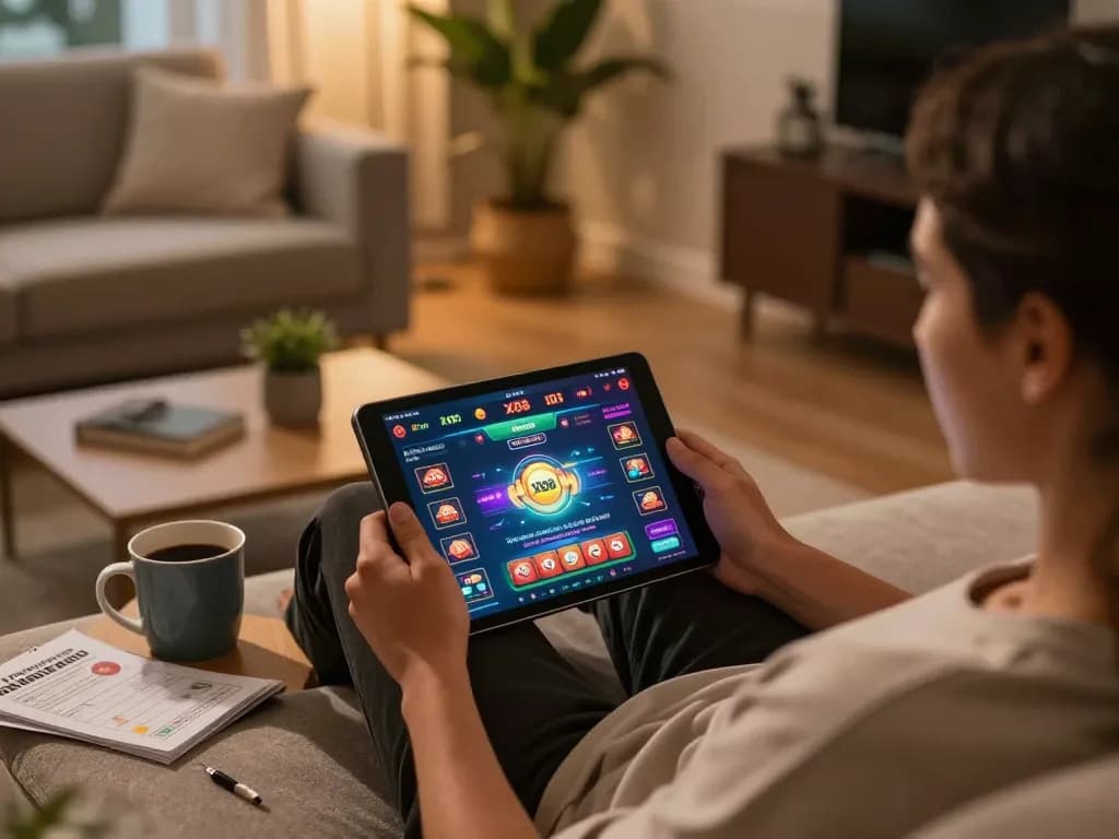 Person engaging with the xx88 online casino on a tablet in a cozy home setting