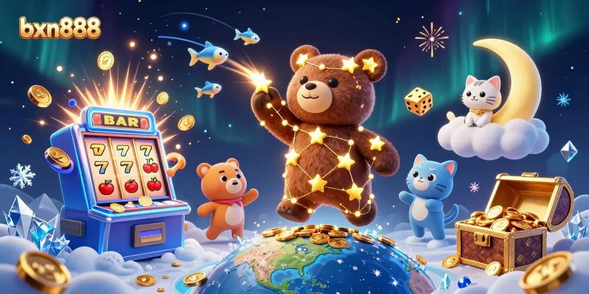 Experience the excitement of bxn888 with a cosmic bear collecting coins amidst a vibrant casino scene.