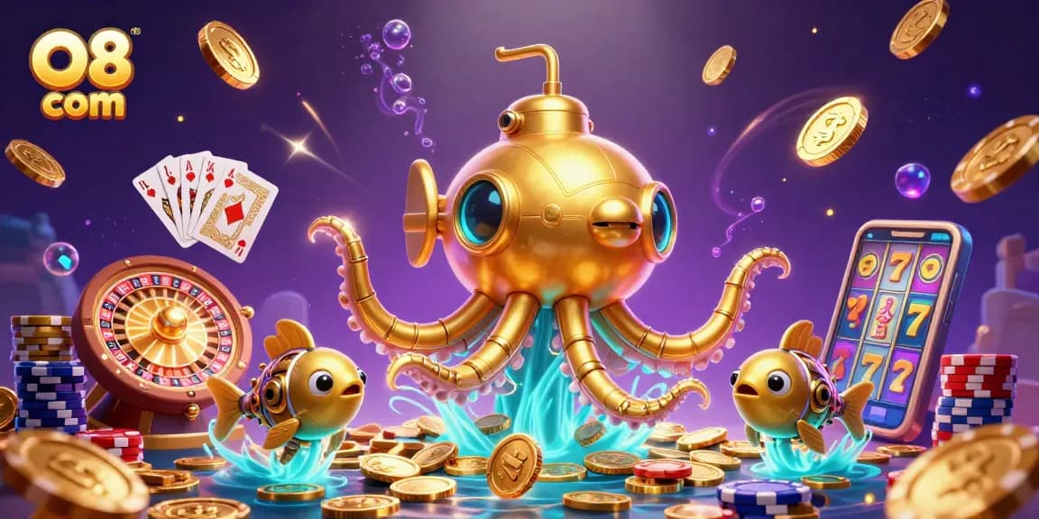 Experience thrilling gaming excitement with O8 com's 3D casino scene featuring golden kraken and dynamic elements.