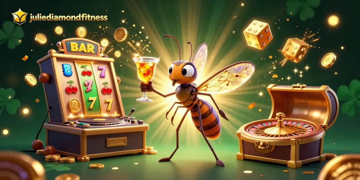 Engage with fun games at juliediamondfitness featuring a dynamic casino scene with iconic slot elements.