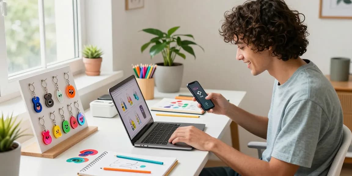 Custom keychains displayed in a stylish home office while a young adult shops online, highlighting vibrant, personalised designs.
