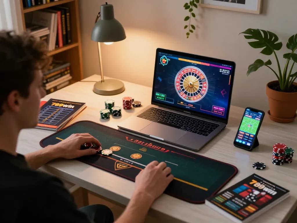 Playing live dealer roulette on laptop at home, showcasing 789win online gaming excitement