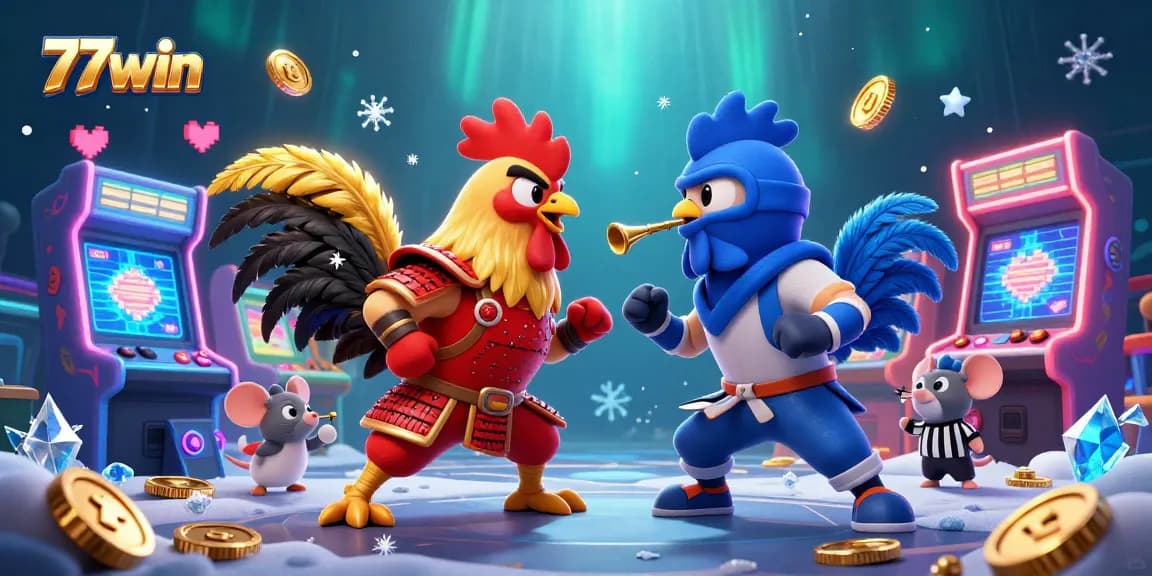 Engage with the dynamic world of 77win, featuring vibrant roosters in battle amidst an exciting gaming scene.