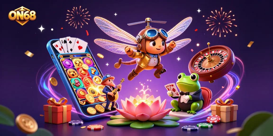 Experience the excitement of ON68 with vibrant casino characters in a dynamic 3D illustration.