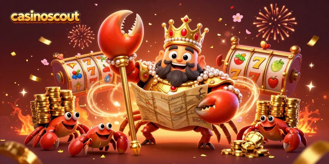 Join casinoscout's adventure with a golden crab emperor in a vibrant online casino scene.