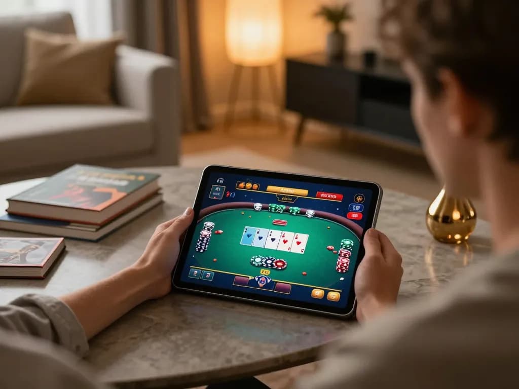RR88 user engaging in online poker game on tablet, showcasing immersive gameplay experience