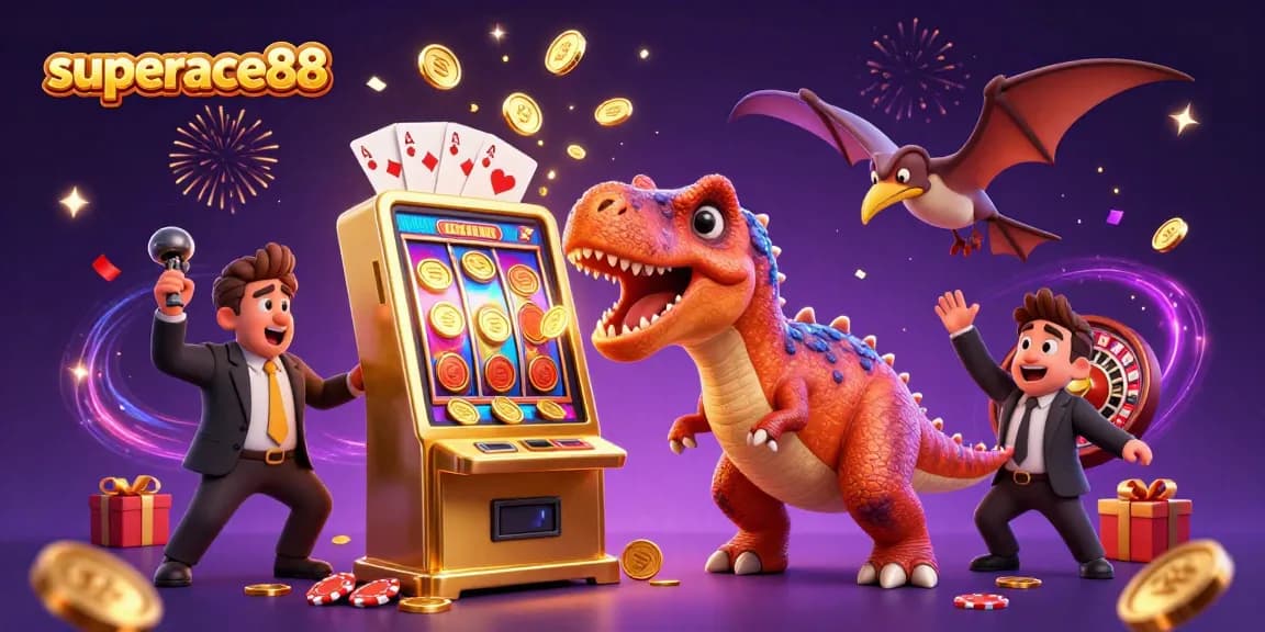 Experience the excitement of superace88 as a pachycephalosaurus celebrates a jackpot payout with coins flying through a vibrant casino scene.