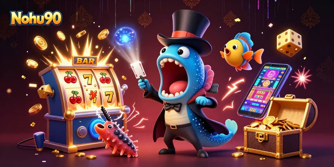 Nohu90 sparks excitement with a 3D illustration of deep-sea creatures performing casino magic.