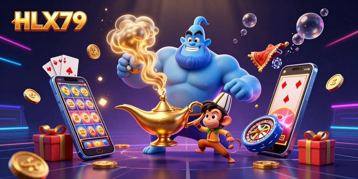 Engage with HLX79 as a genie brings exciting slot games to life with vibrant casino elements.