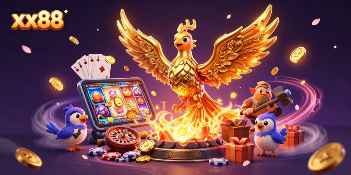 Experience thrilling moments at xx88 with a molten gold phoenix in a vibrant casino scene.