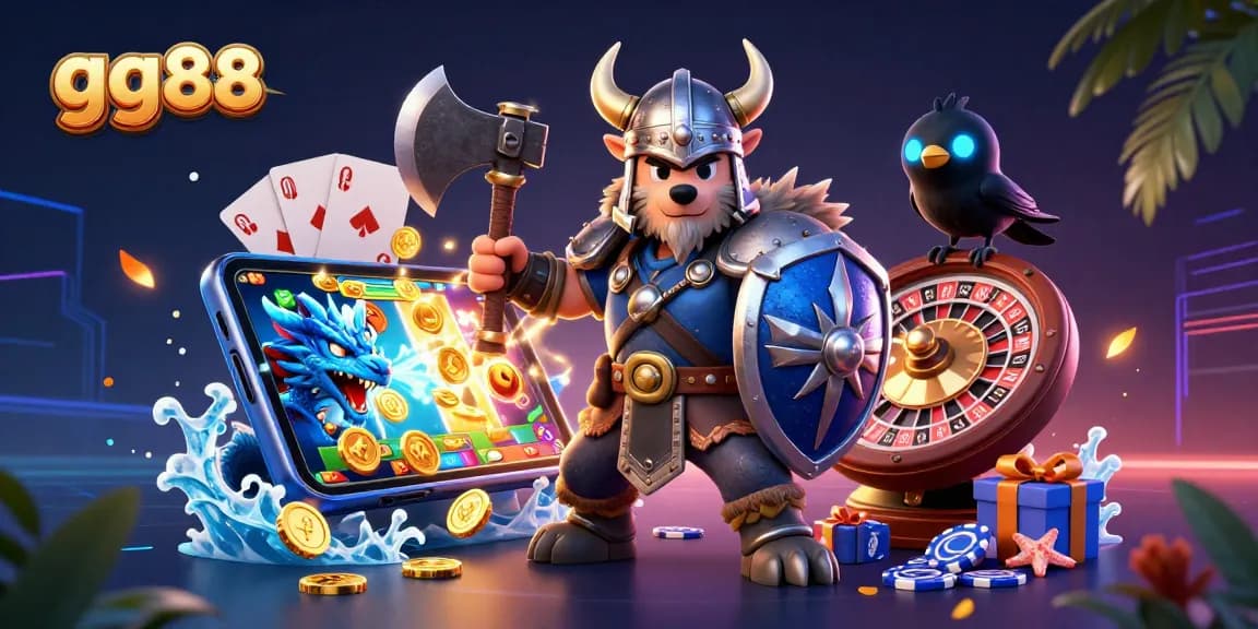 Spin to win with gg88 in a vibrant 3D illustration of a Viking wolf warrior, dragon, and thrilling casino gaming elements.