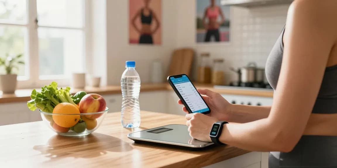 Fitness enthusiast engaging with the best calorie tracker app in a bright kitchen, surrounded by fresh produce and workout gear.