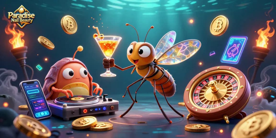 Experience the excitement of Paradise Nail Beauty with vibrant gaming elements featuring a lively frozen-in-amber mosquito and a trilobite DJ.