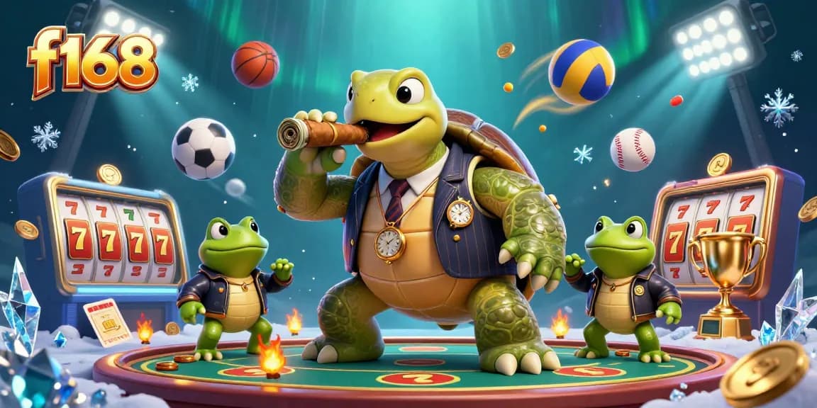 f168 showcases a dynamic online casino scene with a cartoon snapping turtle and vibrant gaming elements.