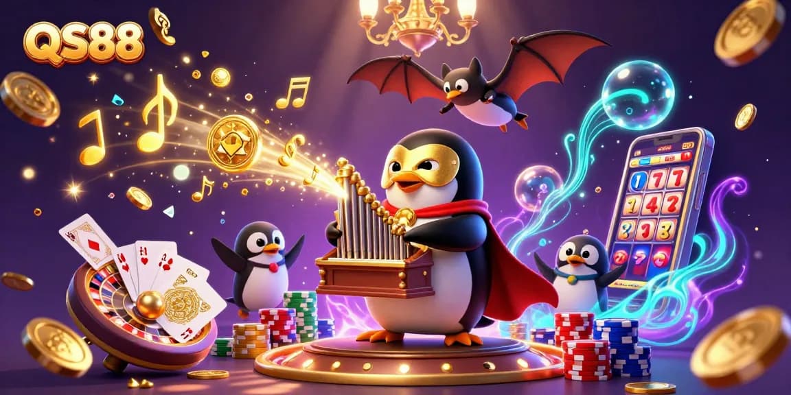 Play exciting casino games at QS88 featuring dynamic characters and vibrant golden coin visuals.