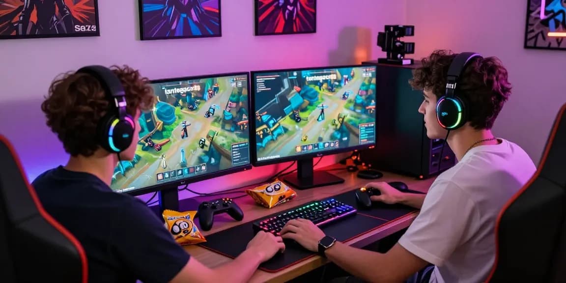 Pengalaman bermain game yang mendebarkan di tantegacor88 dengan pencahayaan RGB dan perangkat gaming modern.