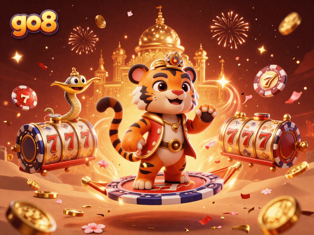 Experience the thrill of go8's slots with a vibrant 3D casino illustration featuring a tiger sultan and magical elements.