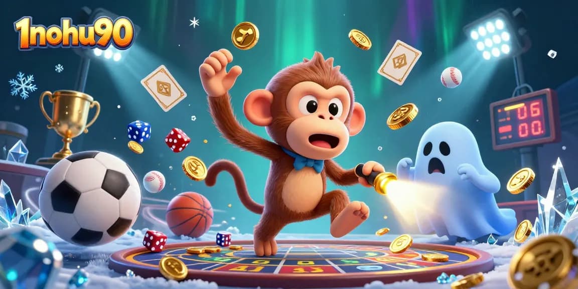 Experience the excitement of 1nohu90 with a lively scene featuring a playful ghost and curious puppy amidst floating casino elements.