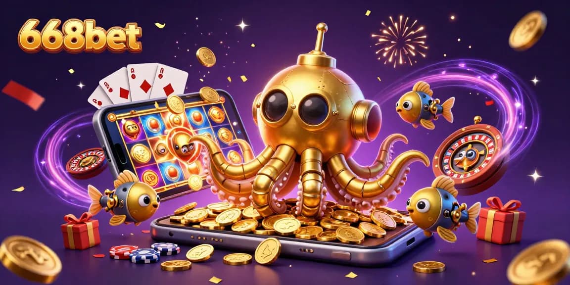 Experience thrilling games with 668bet's vibrant 3D casino illustration and exciting game elements.