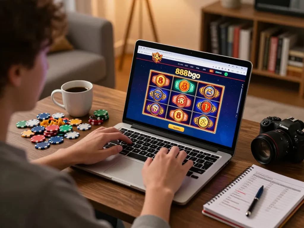 Engaging in an exciting slot game on 888bgo, showcasing strategic gameplay in a cozy home setting.