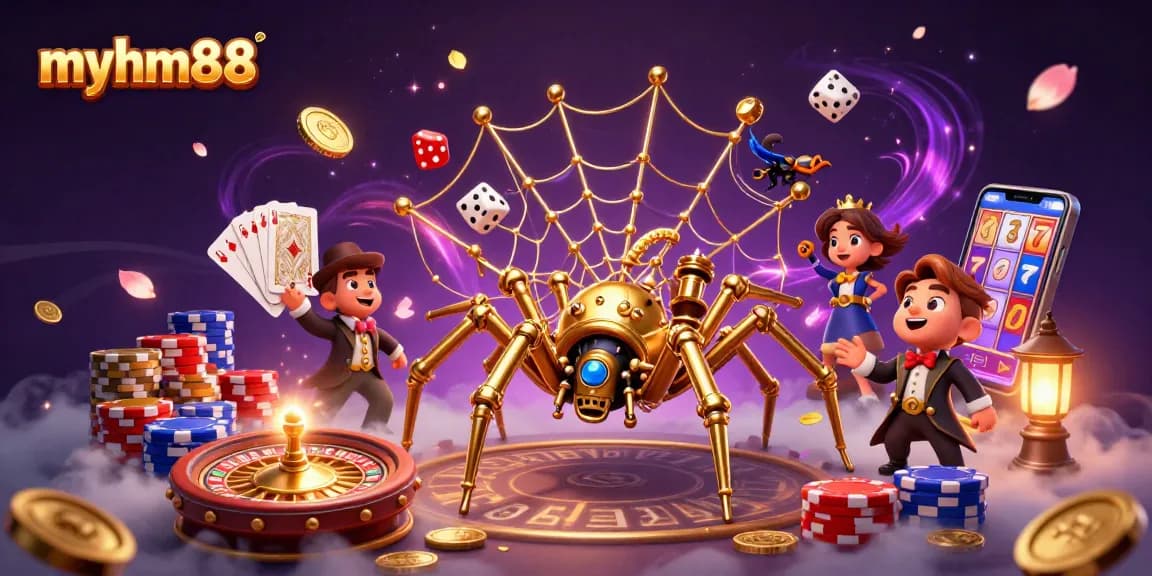 Engage in thrilling experiences at myhm88 with 3D steampunk spider catching dice amidst a vibrant casino atmosphere.