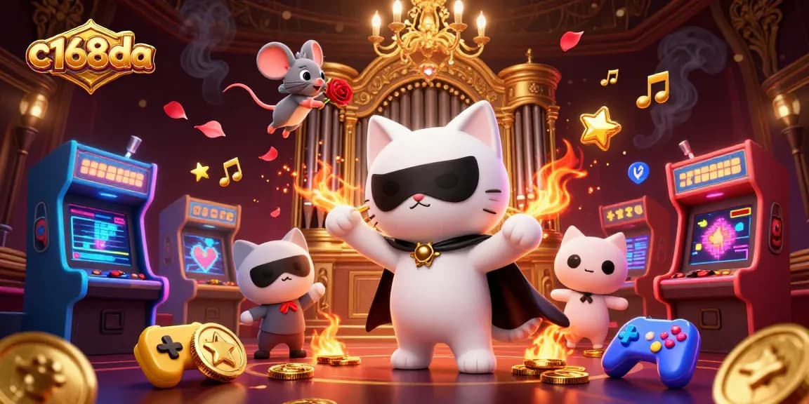 C168da offers thrilling gameplay with a phantom cat and a mouse acrobat in a vibrant casino scene.