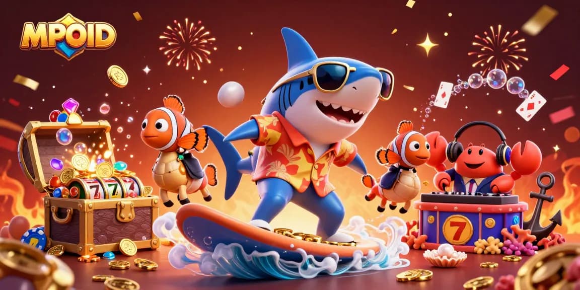 MPOID showcases a vibrant underwater casino scene with a shark surfing gold coins and playful characters.