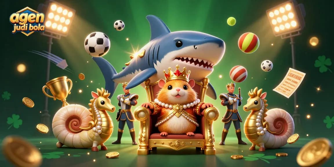 Engage in sports betting with agen judi bola, featuring a fierce hamster king and dynamic sports elements.