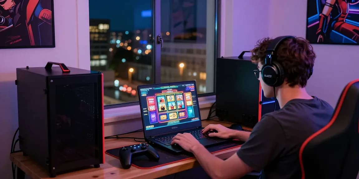 Pengguna menikmati permainan slot online di SUPER59 login dengan latar belakang kota malam yang menarik.