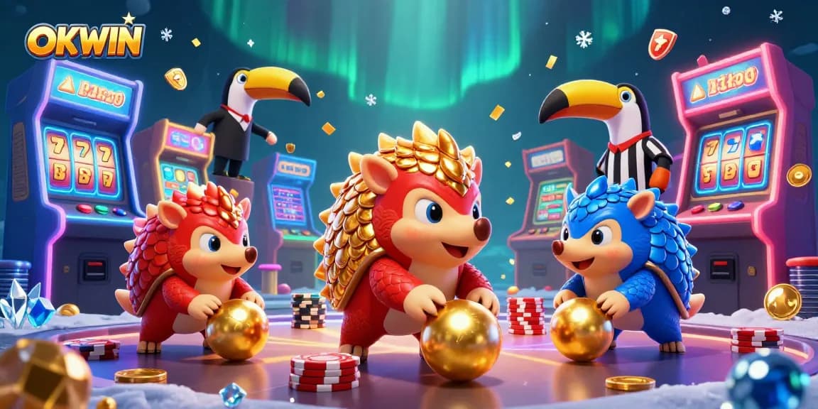 Enjoy thrilling casino action with OKWIN's vibrant pangolins and gaming elements.