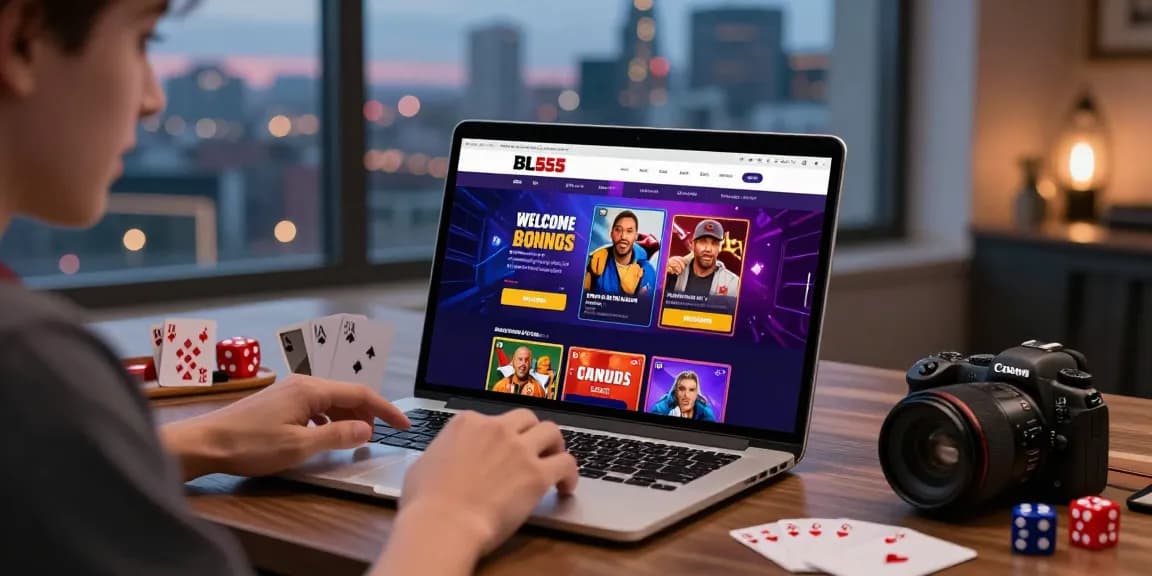 Excited gambler exploring promotional offers on BL555 online gambling platform with gaming props in a cozy setting.