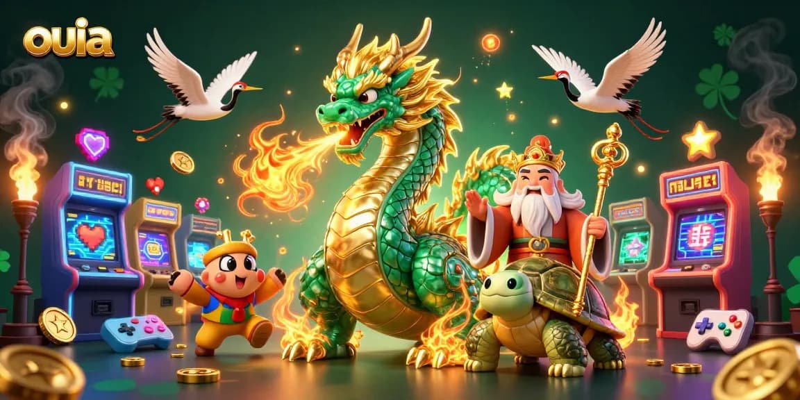 Win with ouia as the emerald jade dragon and lucky cranes enhance the vibrant gaming scene.