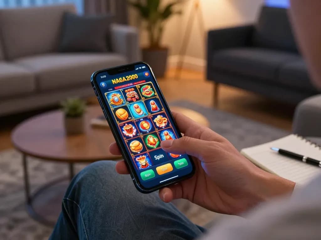 NAGA2000 app displayed on smartphone with a player engaging in online slot games