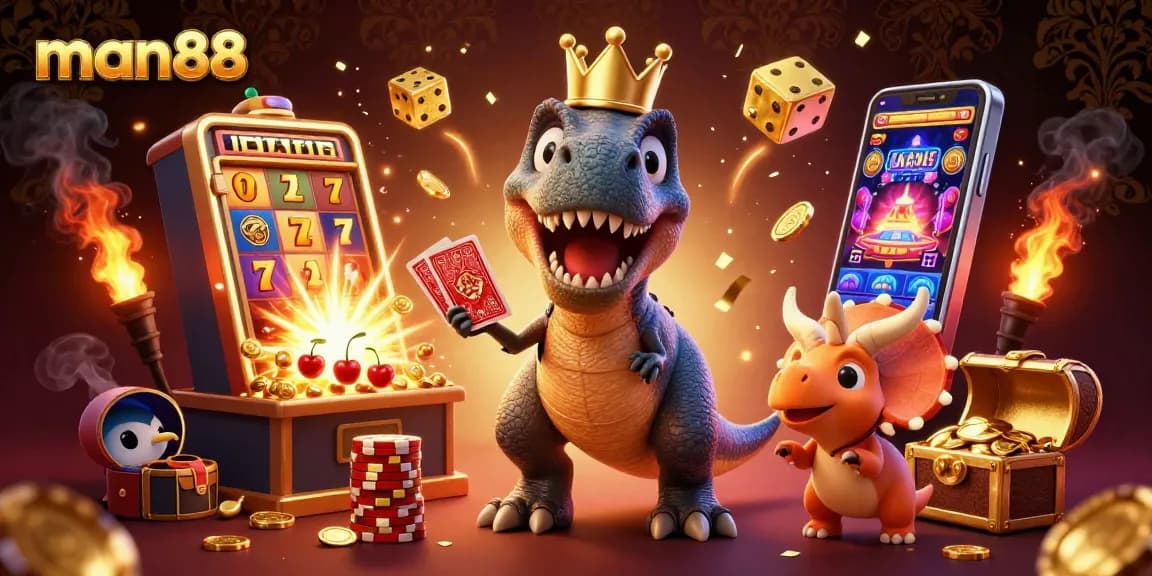 man88 features a fun scene with a T-Rex shuffling cards, a helper pterodactyl, and a triceratops stacking golden chips.