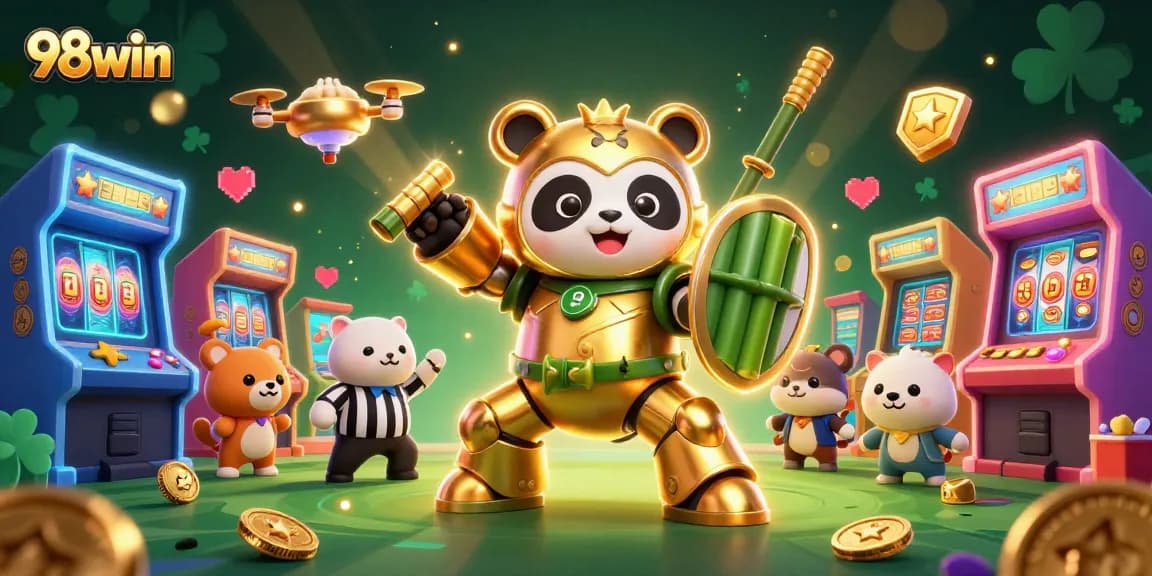 Join the excitement of 98win's vibrant casino gaming with dynamic character battles and colorful slot elements.