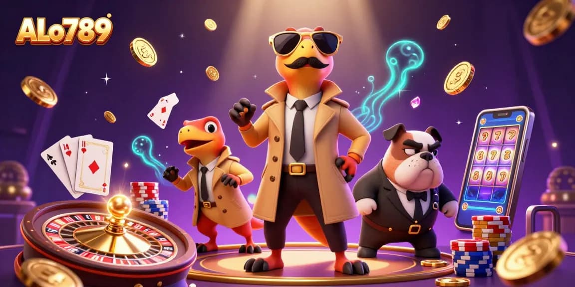 Experience thrilling bets and excitement with ALo789 in a vibrant casino scene featuring animated characters.