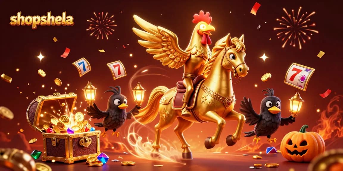 Join the exciting gaming experience at shopshela, featuring slot reels and golden treasures in a 3D illustration.