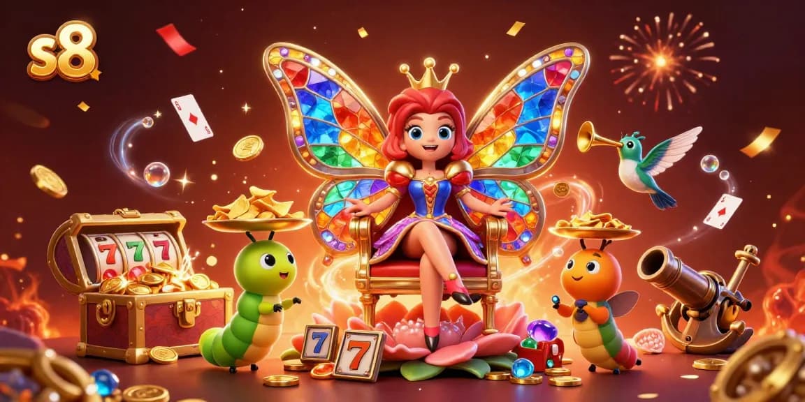 S8 offers thrilling slot games with vibrant visuals and jackpot excitement in this dynamic casino-inspired scene.