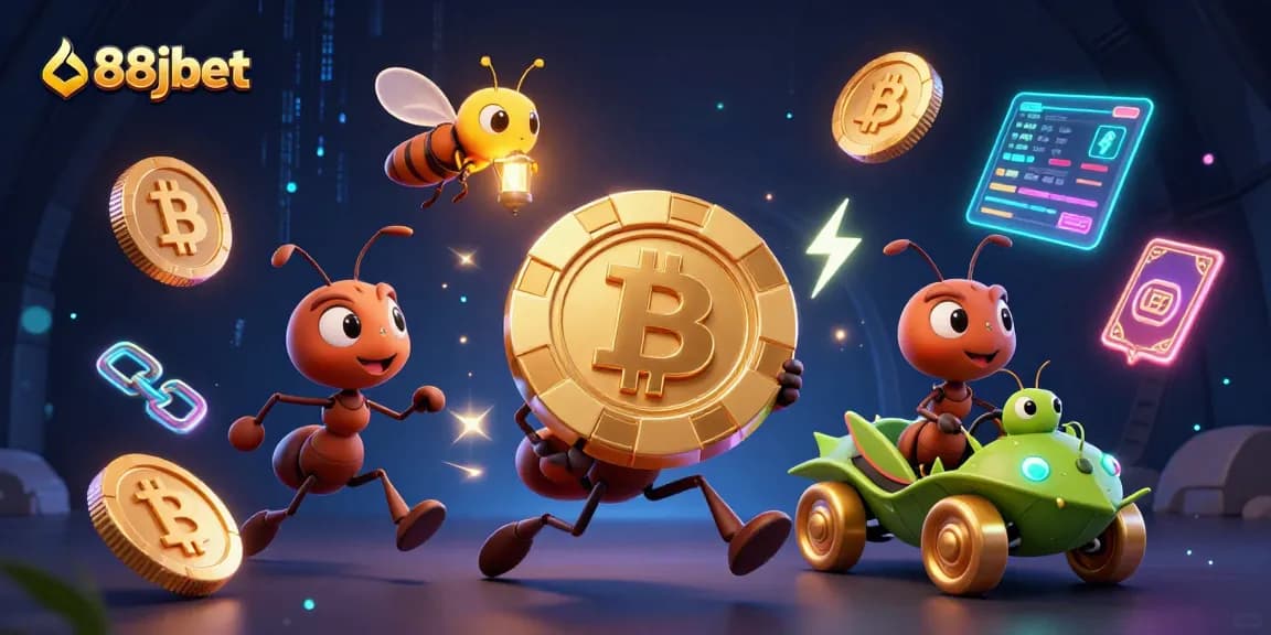 Experience thrilling heist action with 88jbet as ants transport giant poker chips in a vibrant digital world.