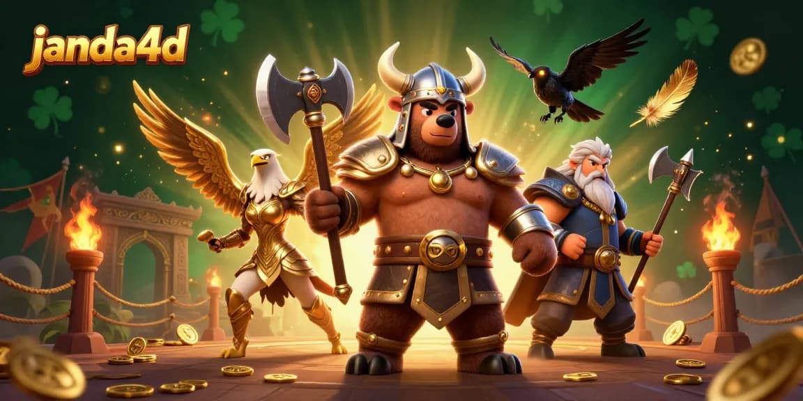 Janda4d menampilkan Viking beruang dan Valkyrie elang dalam arena kasino yang dramatis.