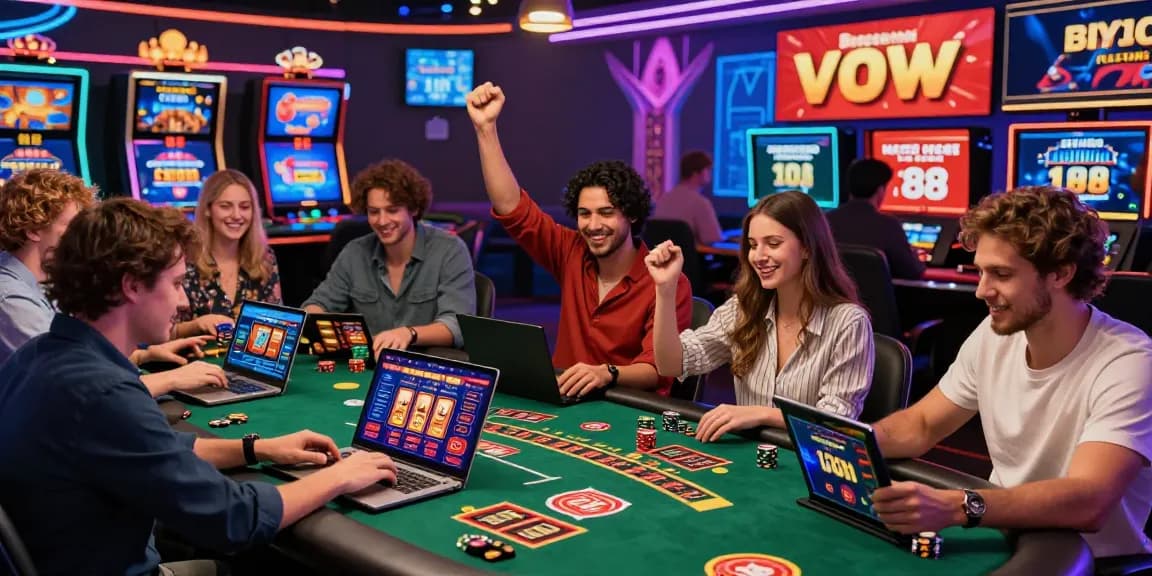 Exciting online casino scene showcasing players at laptops and tablets enjoying the best online casinos with vibrant graphics and gameplay.