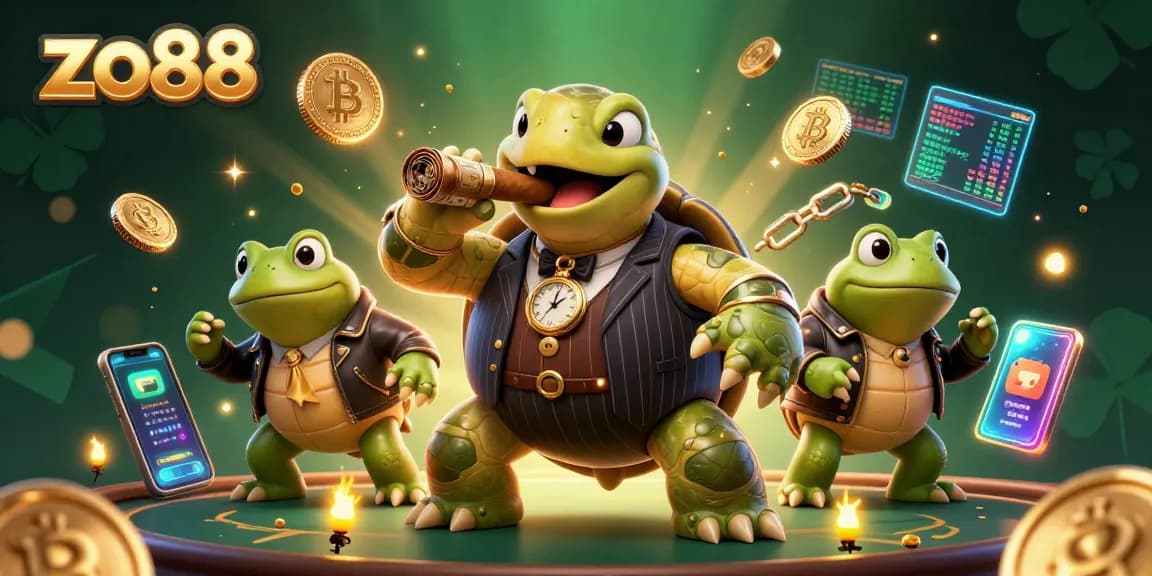 Engage with the thrilling world of zo88 casino games with a vibrant digital scene featuring a mobster turtle and gaming elements.