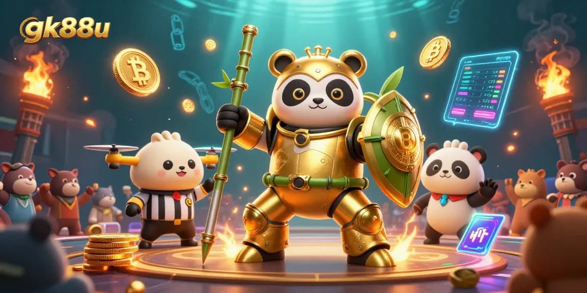 Engage in thrilling gameplay with gk88u's vibrant 3D casino scene featuring dynamic characters and crypto elements.