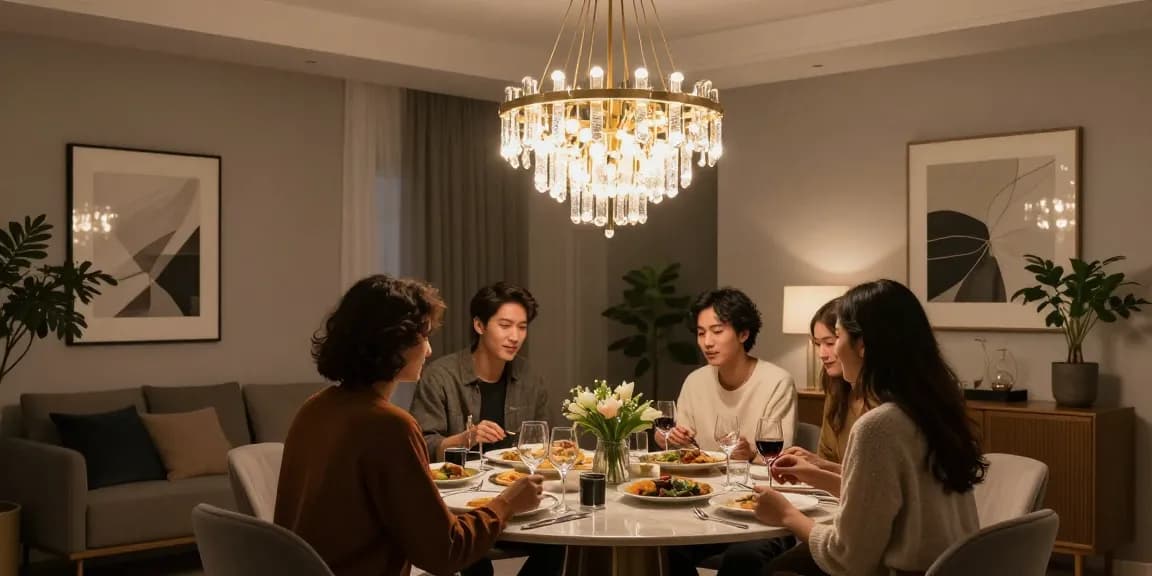 Candelabru LED elegant într-un dining modern cu prieteni la masă.