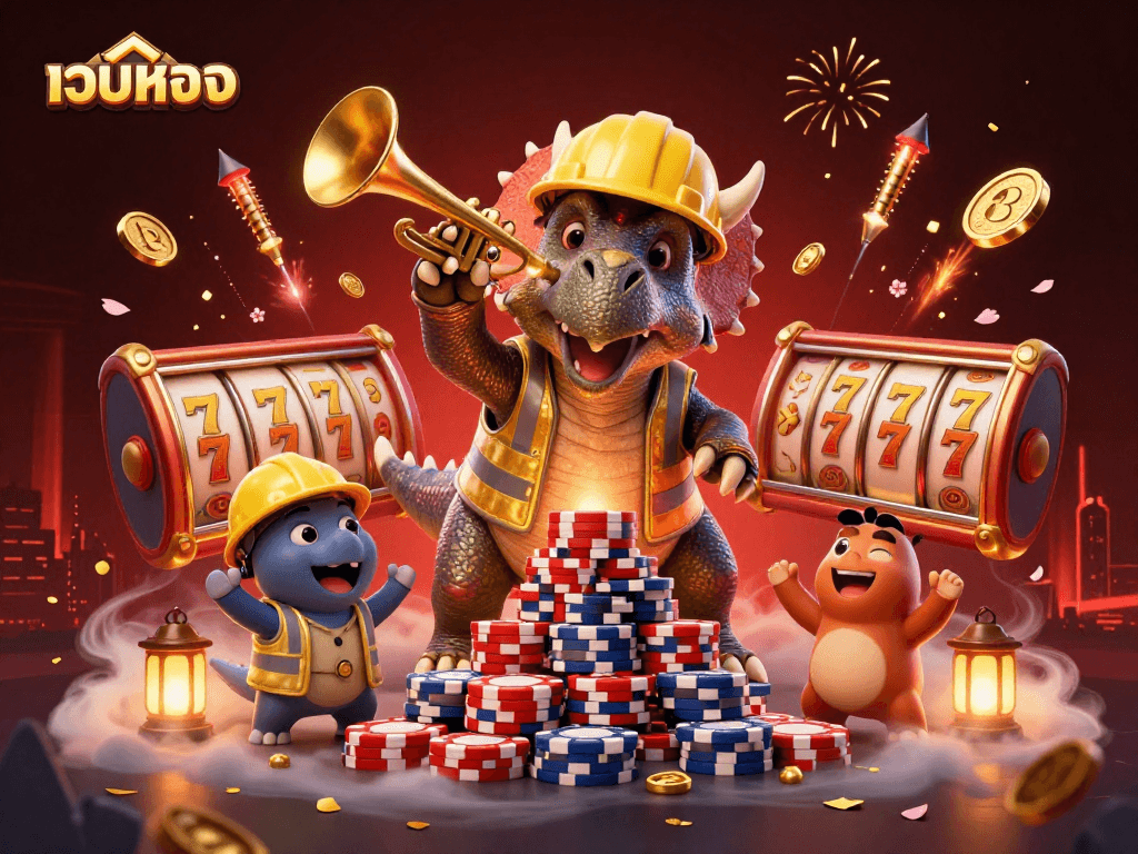 Engage with เว็บตรง slot games through this animated scene of triceratops building a poker chip pyramid in celebration.