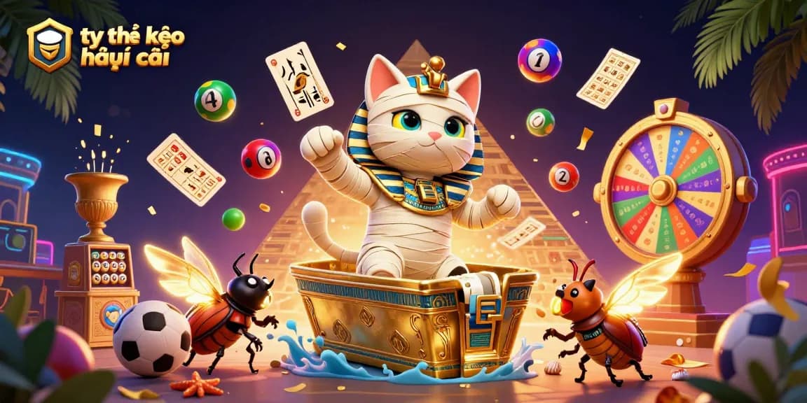 The scene showcases the dynamic interaction of gaming elements with tỷ lệ kèo nhà cái at its core, featuring Egyptian cat and scarab, during a thrilling gambling adventure.