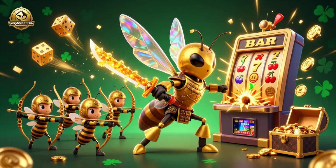 bongdacakhiatv showcases 3D cartoon hornet with samurai armor amid slot machine jackpot, golden coins, and vibrant game elements.