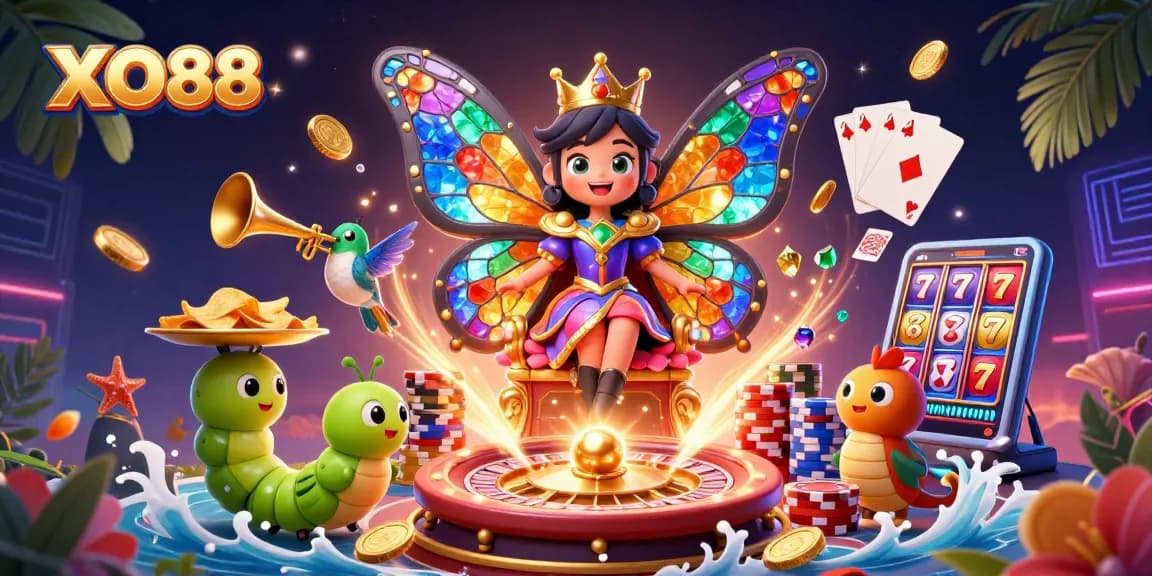 Win big with XO88 as a butterfly queen presides over a vibrant casino-themed scene.