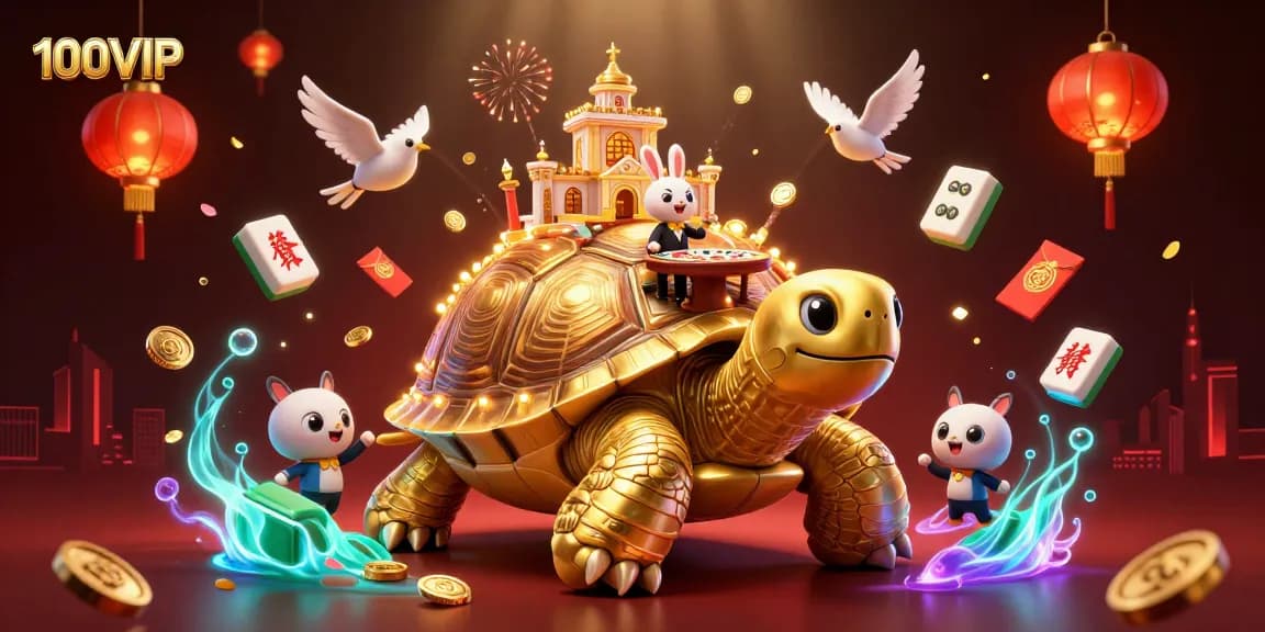 Experience thrilling gameplay with 100VIP's vibrant casino scene featuring a giant tortoise and rich elements.